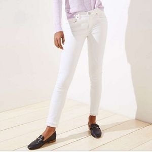 PRICE DROP Loft white skinny jeans with double fringe on pant leg bottom!